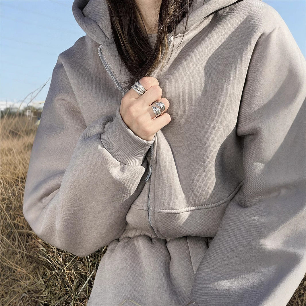 Damen Cropped Sweatjacke und Jogginghose Set Bequem Grau Eveloria