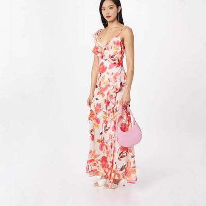 Damen Maxikleid Floral Rüschen Schulterfrei Eveloria