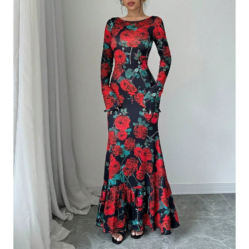 Damen Maxikleid mit Rüschendetails und langem Arm Floral Eveloria