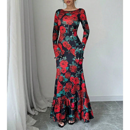 Damen Maxikleid mit Rüschendetails und langem Arm Floral Eveloria
