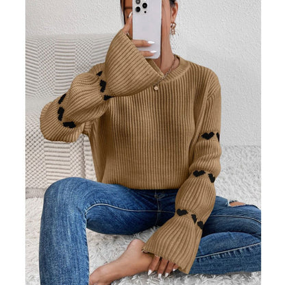 Damen Strickpullover Weite Ärmel Herz Applikation