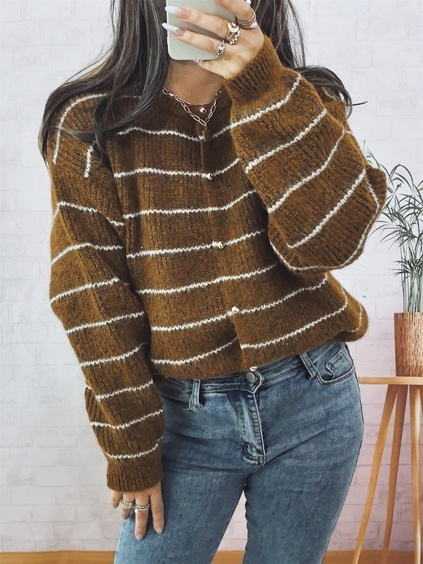 Damen Strickcardigan mit Knöpfen Streifenmuster Beige