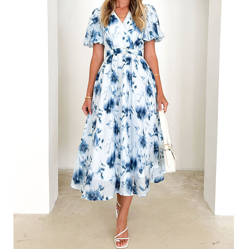 Damen Midi-Kleid Wickeldesign Blumenmuster - Eveloria
