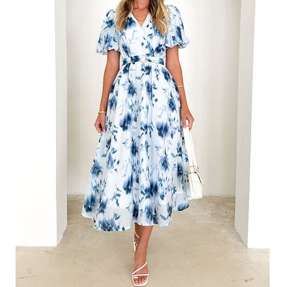 Damen Midi-Kleid Wickeldesign Blumenmuster - Eveloria