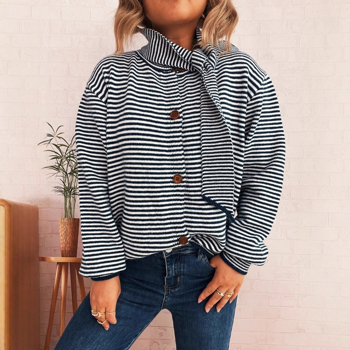 Damen Strickcardigan Gestreift Hochkragen Dekorative Knöpfe