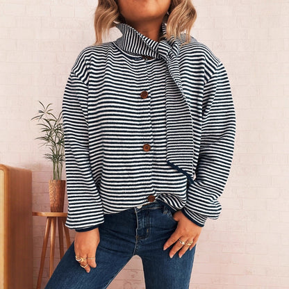 Damen Strickcardigan Gestreift Hochkragen Dekorative Knöpfe