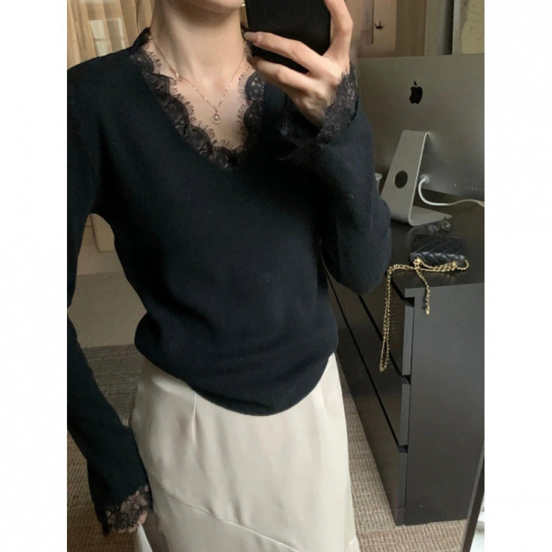 Damen Strickpullover V-Ausschnitt feine Spitze