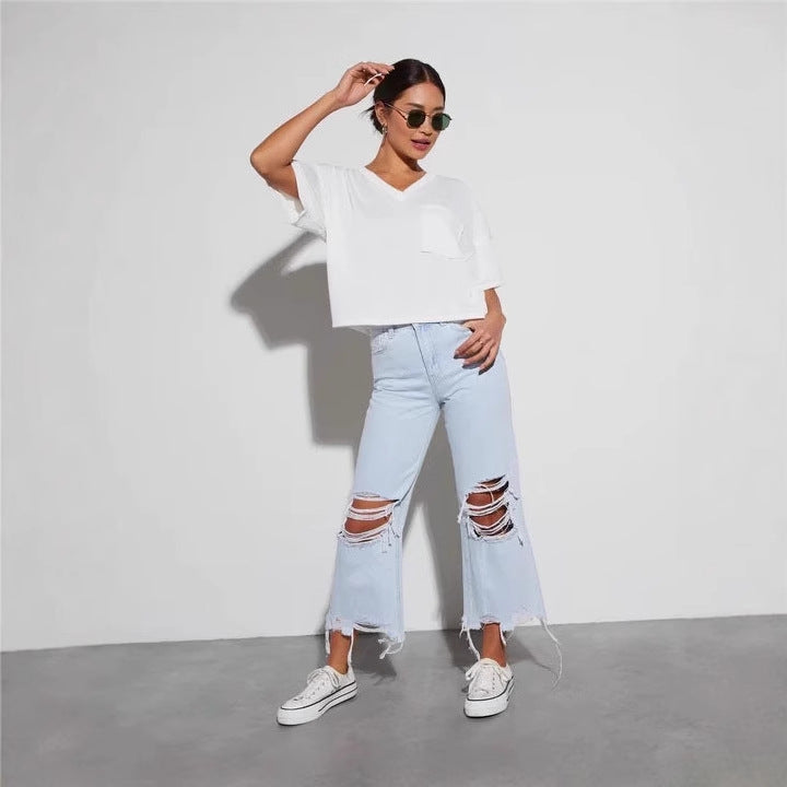 Damen Destroyed Jeans Weites Bein Freche Risse Blau Eveloria
