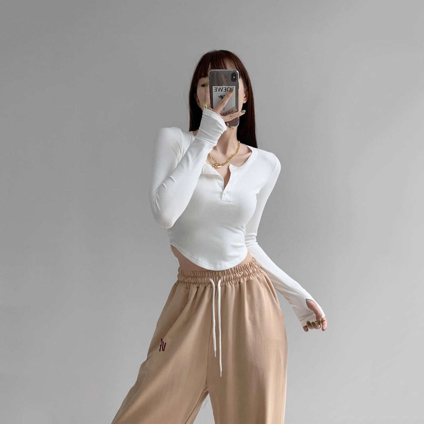 Damen Langarmshirt Dekorativ Knöpfe Lässig Weiß