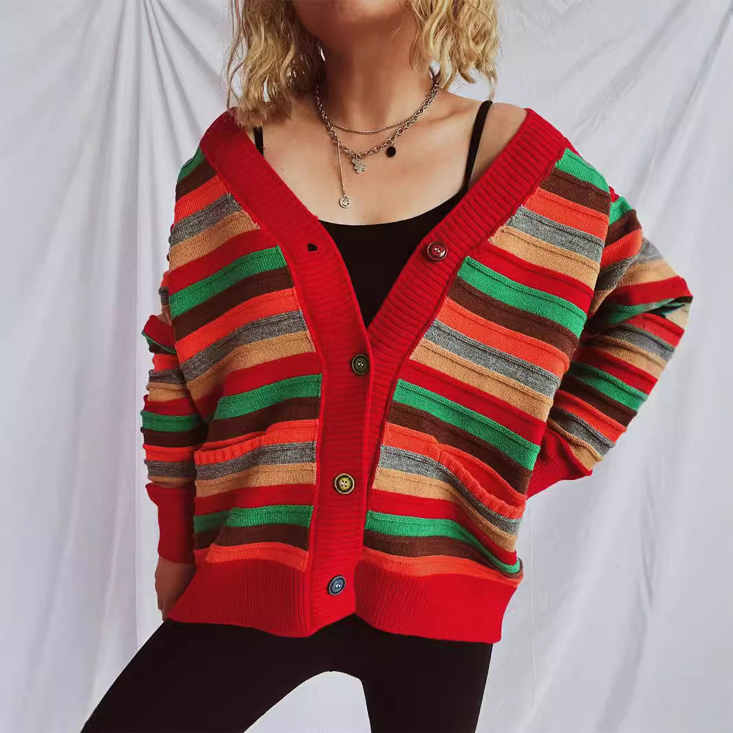 Damen Strickjacke Bunt Streifenmuster Locker Eveloria - Eveloria