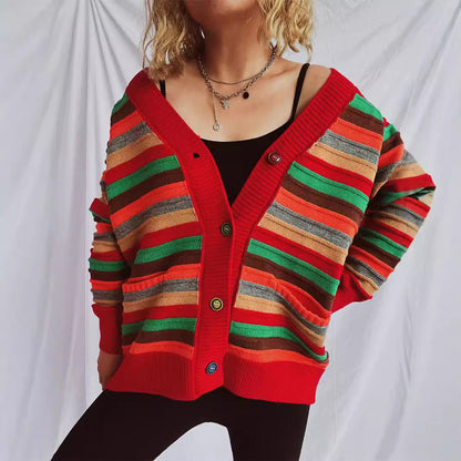 Damen Strickjacke Bunt Streifenmuster Locker Eveloria - Eveloria
