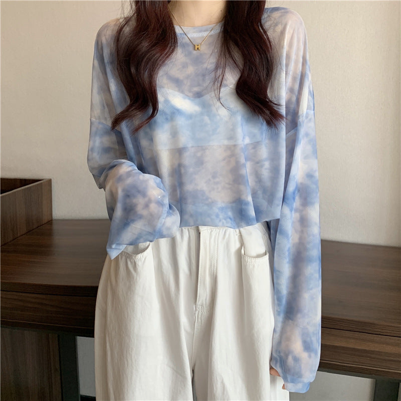 Damen Longsleeve-Oberteil Transparent Tie-Dye Muster