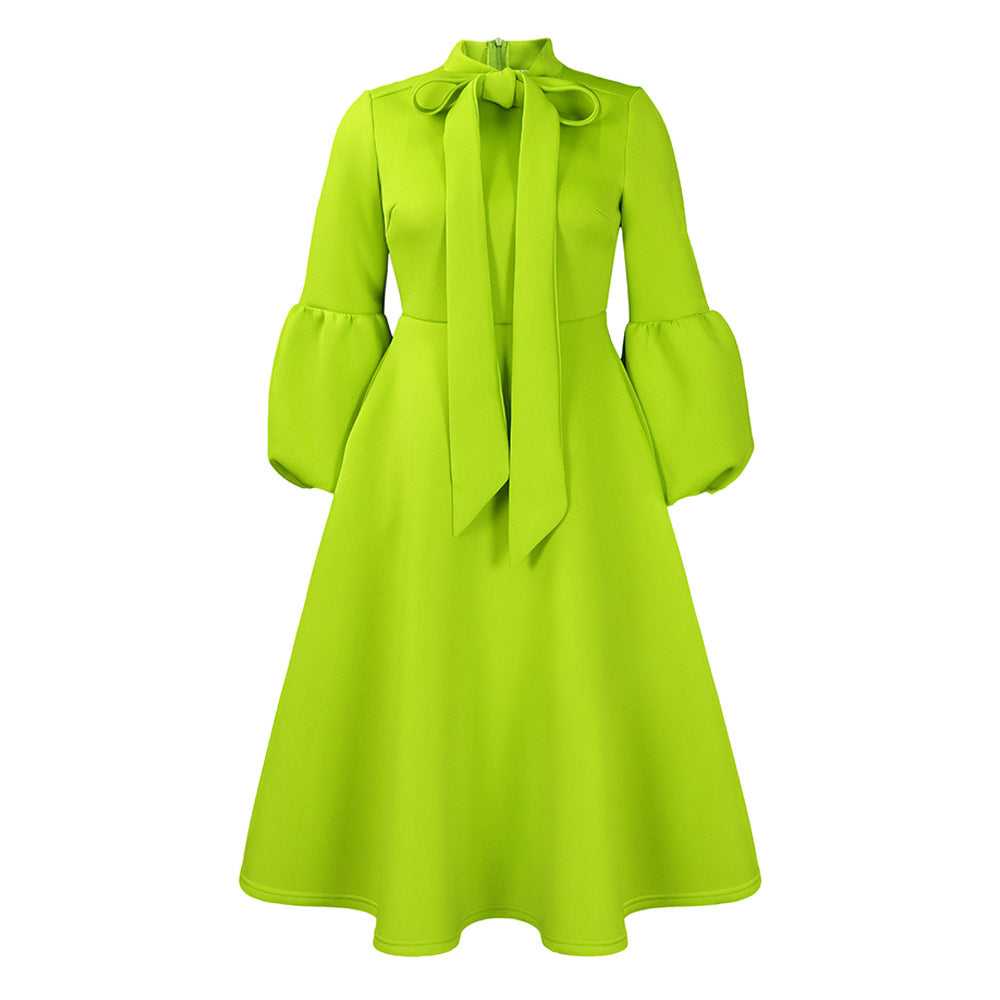 Damen Midi-Kleid Länge Knie, lange Puffärmel, elegante Schleife