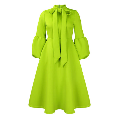 Damen Midi-Kleid Länge Knie, lange Puffärmel, elegante Schleife