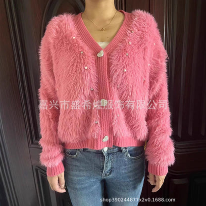 Damen Flauschige Strickjacke Funkelnde Details Moderner Schnitt