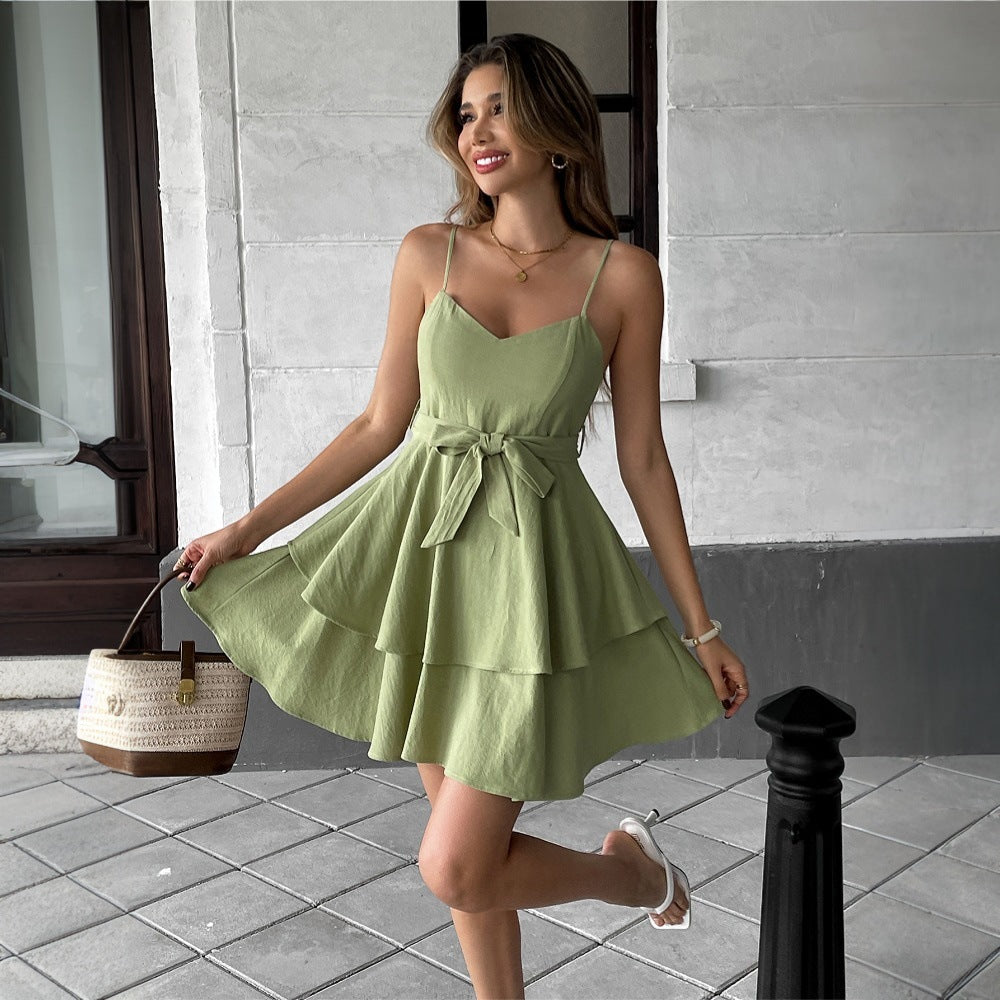 Damen Trägerkleid Gestufte Rüschen Bindbarer Gürtel - Eveloria