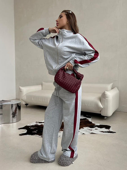 Damen Fleece-Sweat-Set mit hohem Kragen und Streifen Eveloria
