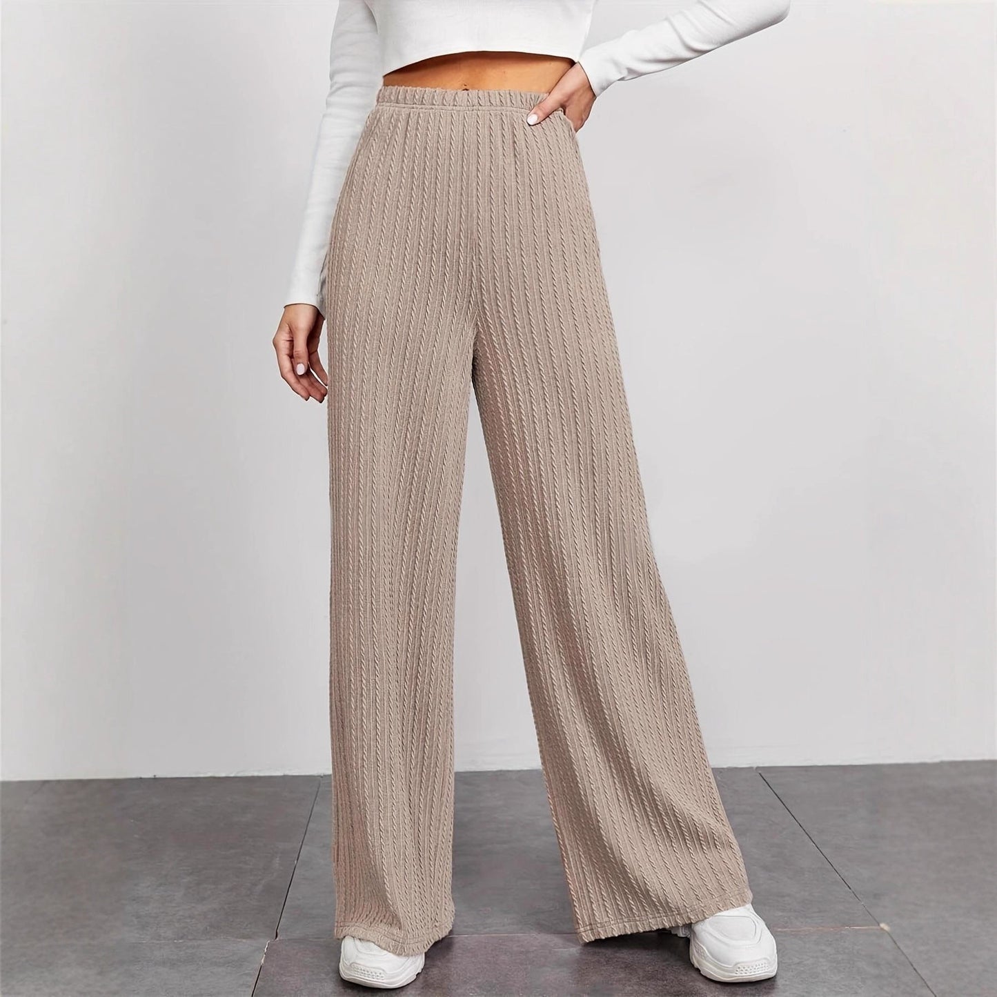 Damen Rippstrick-Hose Hochtailliert Mit Seitentaschen Schwarz - Eveloria