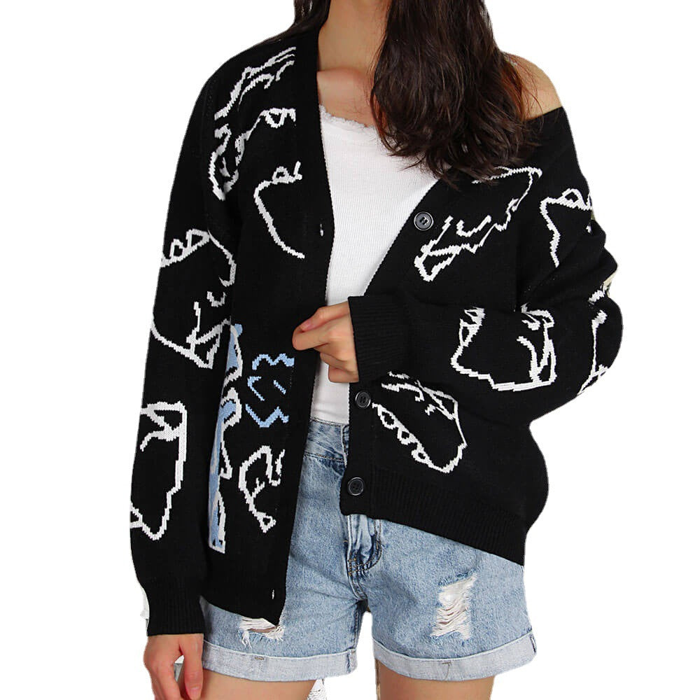Damen Strickjacke Gemustert Dinosaurier Motiv Eveloria