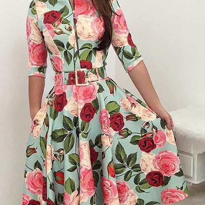 Damen Midikleid Floralmuster Taillengürtel Eveloria - Eveloria