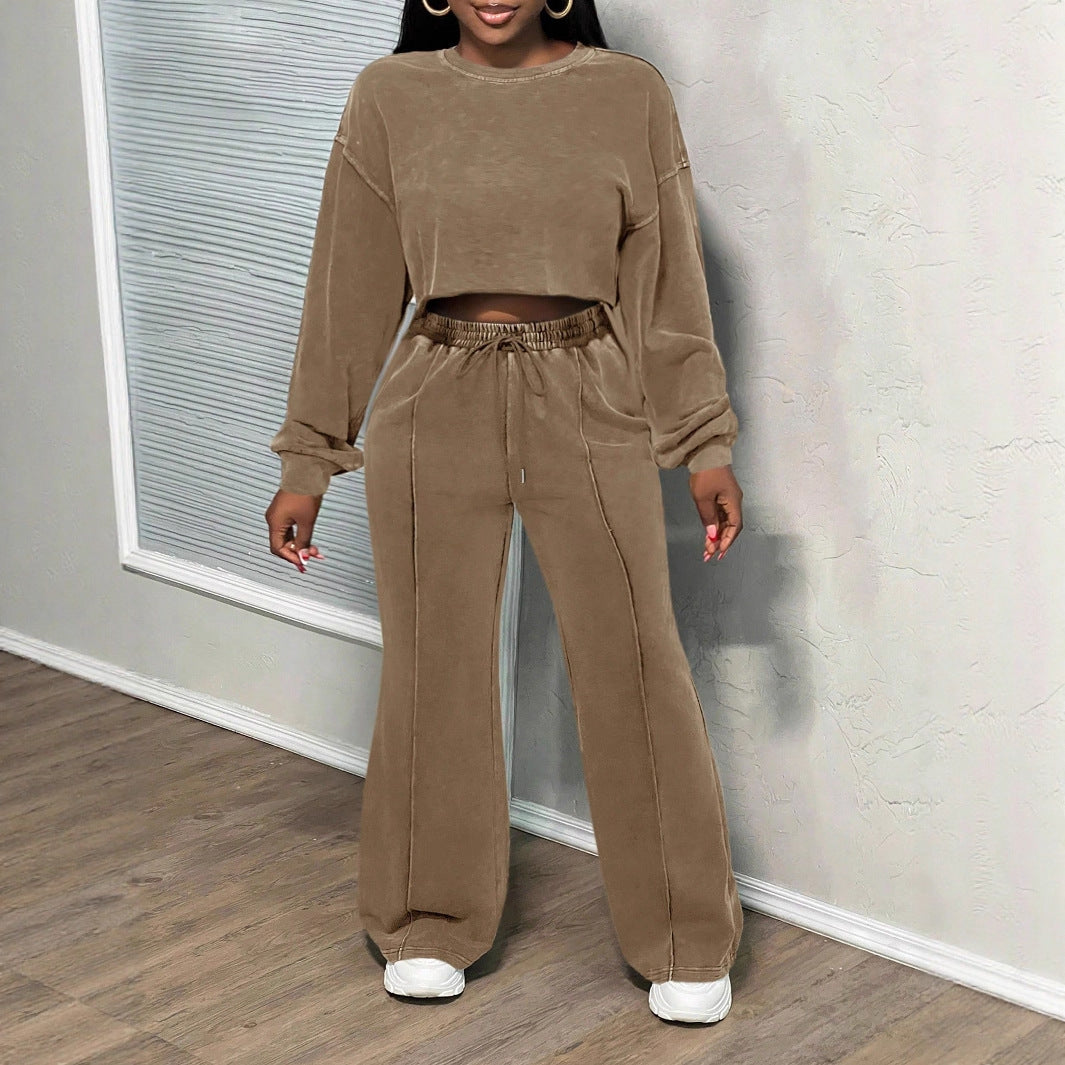 Damen Cropped Loungewear-Set Weites Hosenbein Hochwerder Bund Eveloria