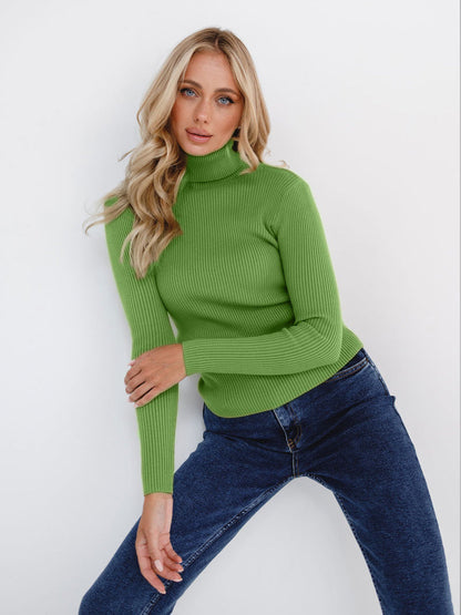 Damen Pullover Lang Hohler Kragen Feine Rippenstruktur Beige