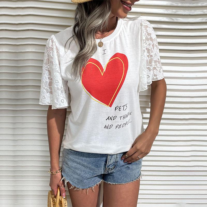 Damen T-Shirt Spitzenärmel Herz-Print Eveloria