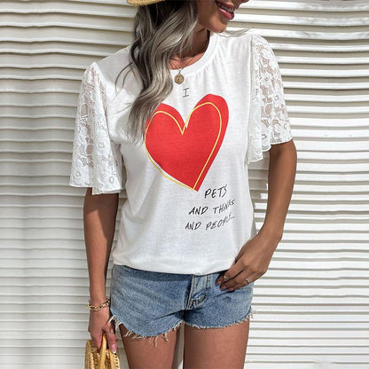 Damen T-Shirt Spitzenärmel Herz-Print Eveloria