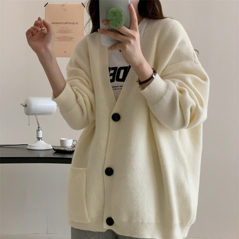 Damen Oversized Strickjacke V-Ausschnitt mit Taschen