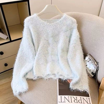 Damen Pullover Kuschelfleece Floralmuster Beige