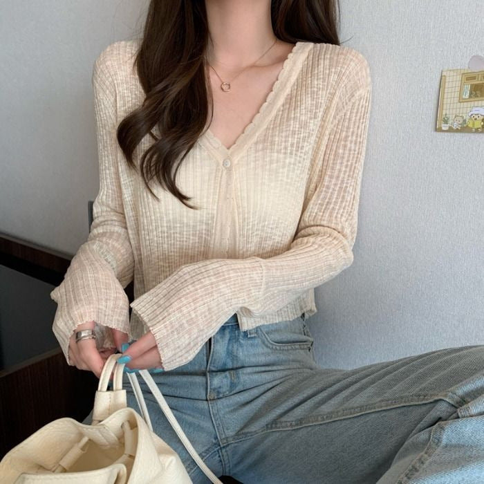 Damen Strickjacke Lässig Dekorativer Knopf Gerippt Beige