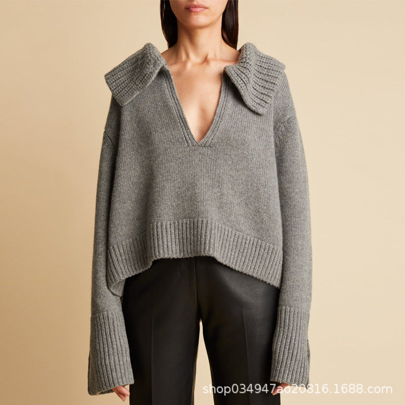 Damen Strickpullover V-Ausschnitt Übergroßer Kragen Anthrazit