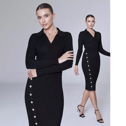 Damen Strickkleid mit Knöpfen V-Ausschnitt Elegantes Design