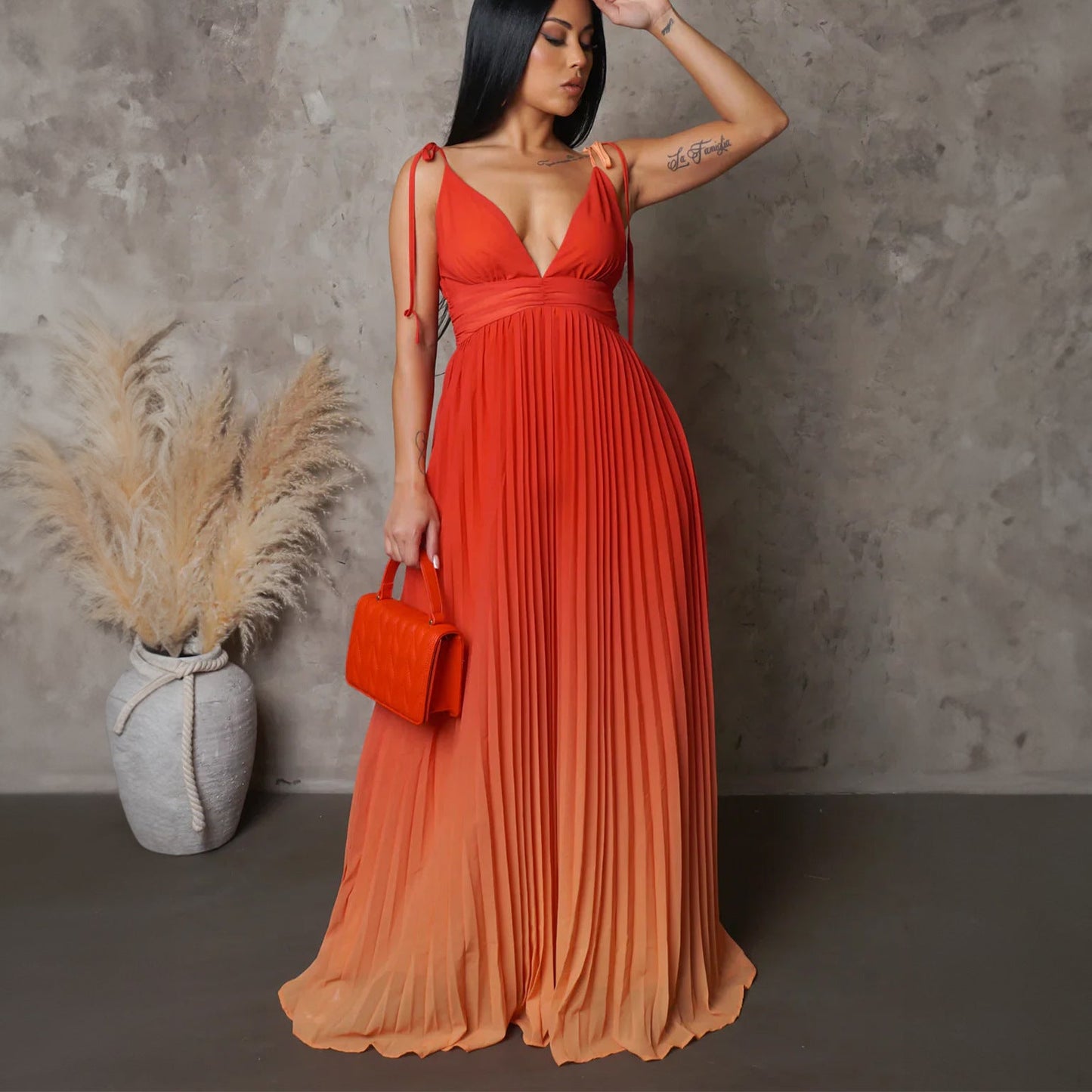 Damen Maxikleid V-Ausschnitt Falten-Design Elegant