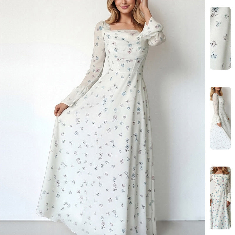 Damen Maxikleid mit Blumenapplikationen und Volumenärmeln Schwarz - Eveloria