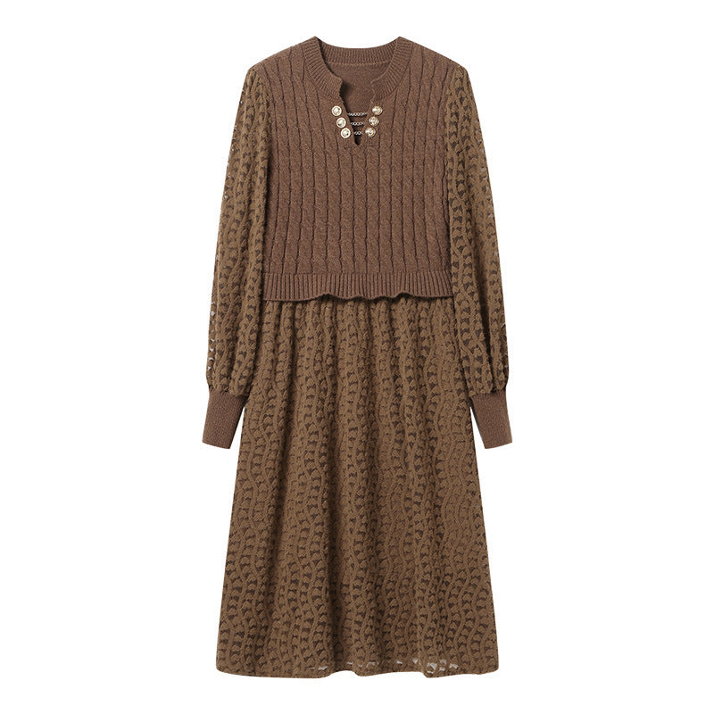 Damen Strickkleid Strukturiertes Oberteil Eleganter Rock