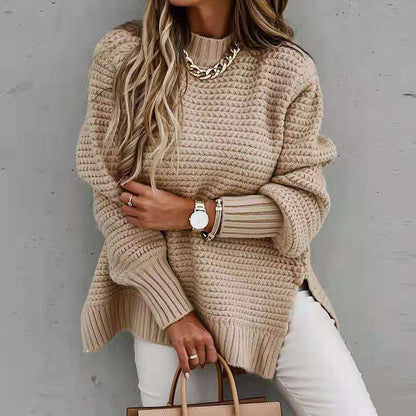 Damen Strickpullover Waffle-Muster Weite Ärmel Beige