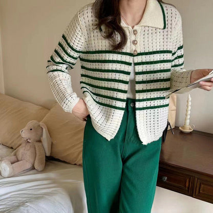 Damen Strickcardigan Maritimes Streifenmuster Knöpfe Beige