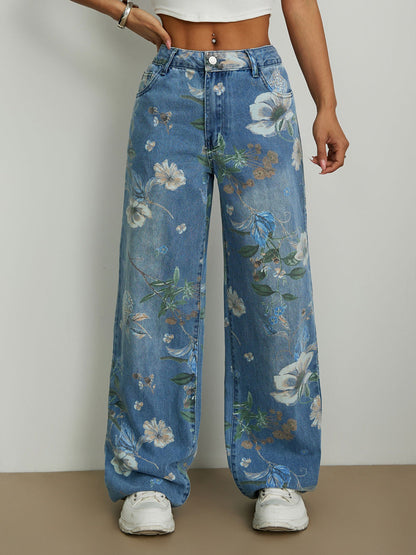 Damen Weite Jeans Florales Design Hoher Bund