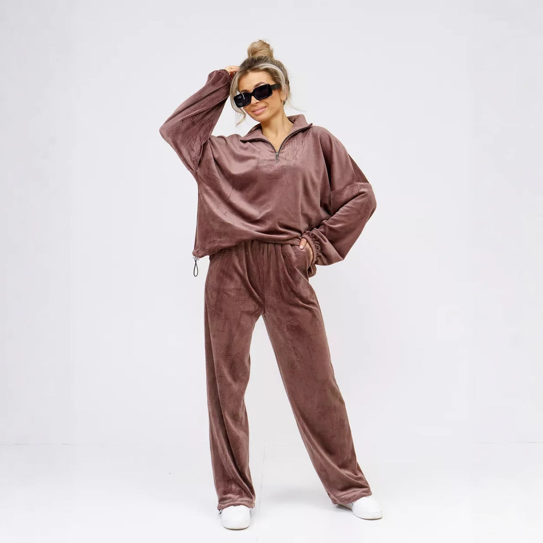 Damen Velours Jogginganzug Hochgeschlossener Kragen Elastisch