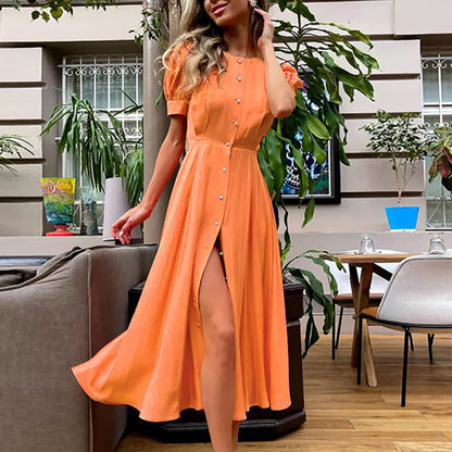 Damen Maxikleid Puffärmel Hochschlitz Eveloria