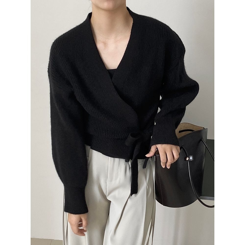 Damen Wickelpullover V-Ausschnitt Taillenzug Eveloria
