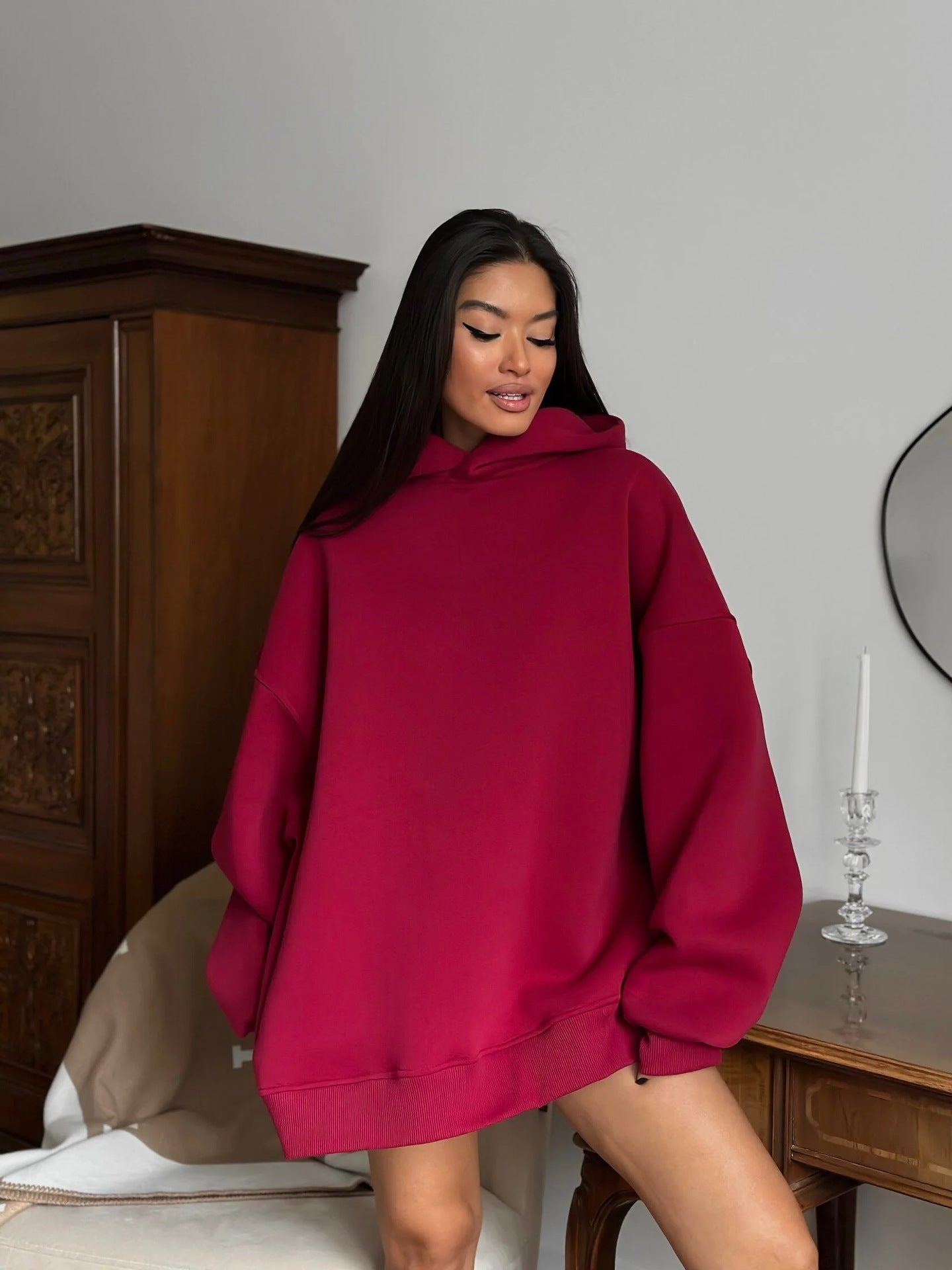 Damen Oversized Hoodie mit Taschen Hochgeschlossener Kragen