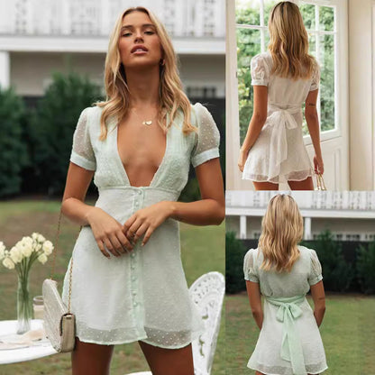 Damen Minikleid mit Pünktchen V-Ausschnitt Luftig Rosa - Eveloria