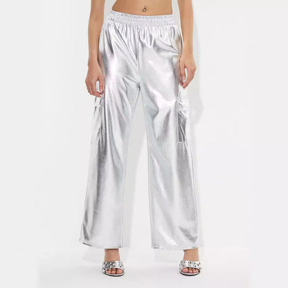Damen Cargo-Hosen Metallic-Look Elastischer Bund Glänzend Schwarz - Eveloria