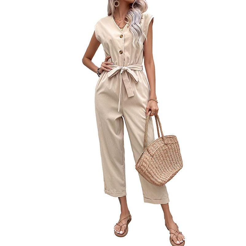 Damen Jumpsuit Taillierbarer Gürtel Knopfverschluss Eveloria