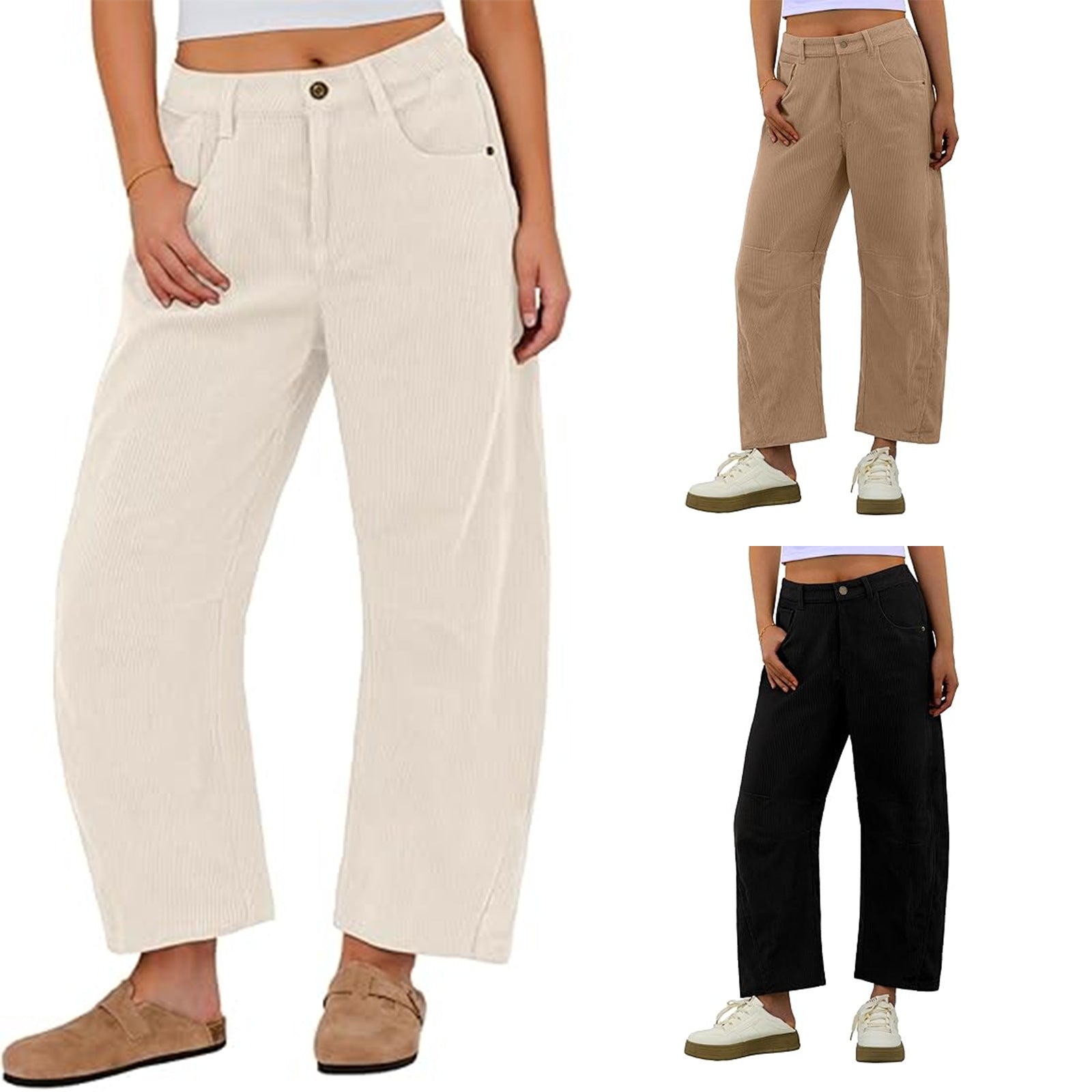 Damen Cordhose Weite Passform mit Seitentaschen Schwarz Eveloria - Eveloria