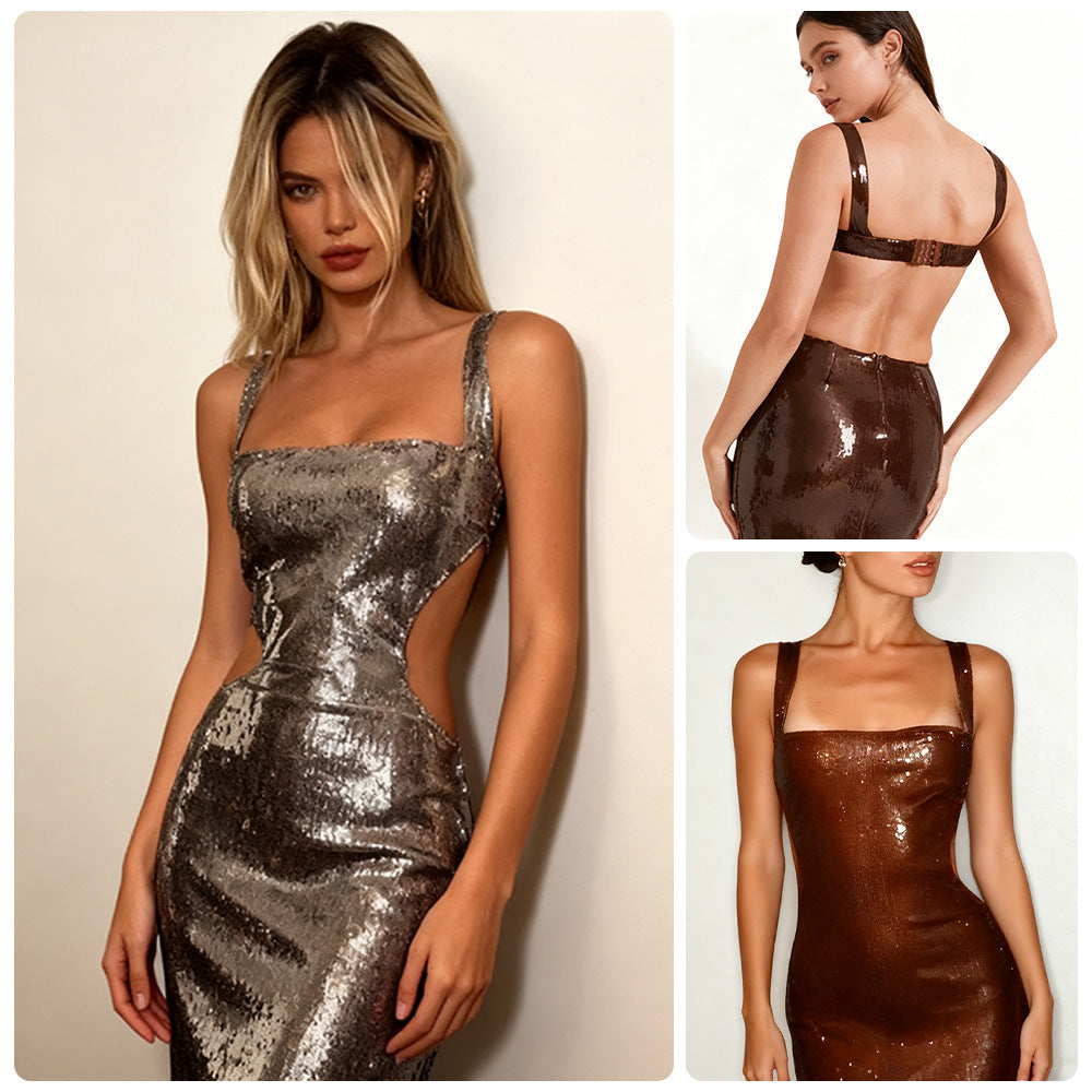 Damen Pailletten-Abendkleid Lang Eveloria Mit Tiefem Ausschnitt - Eveloria