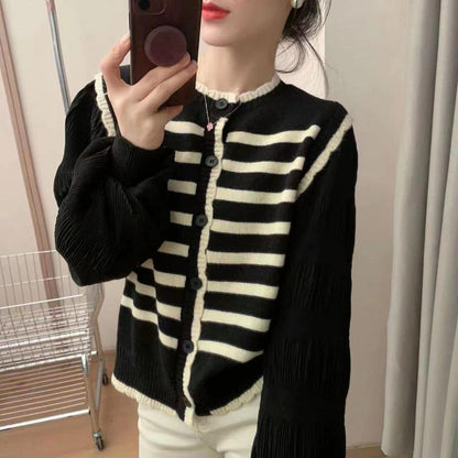 Damen Strickjacke Voluminöse Ärmel Gestreift