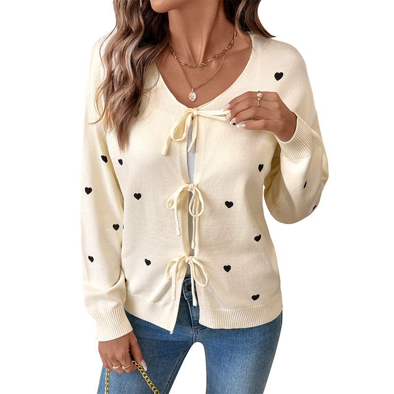 Damen Strickjacke Herzmuster Verstellbarer Bund